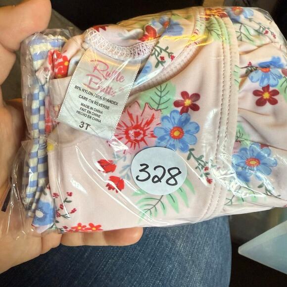 Ruffle Butts Girls 3T Floral Rash Guard Swimsuit Set with Striped Ruffle Bottoms - Picture 10 of 10